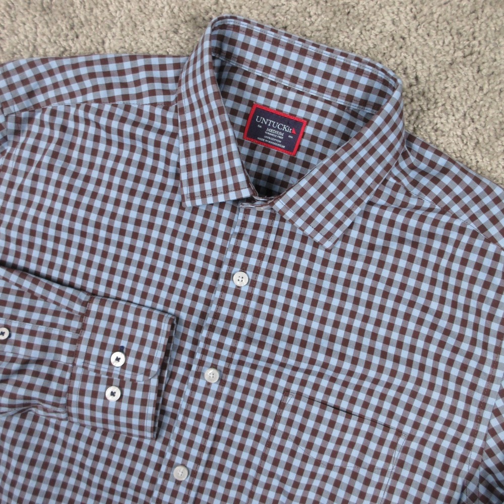 Untuckit Shirt Mens Medium Blue Gingham Mclaren WF Cotton Pocket Button Up EUC